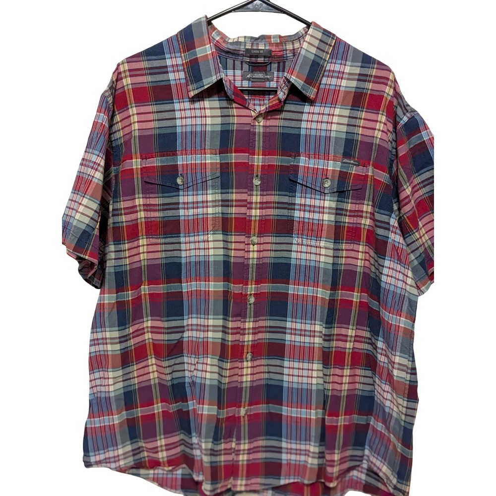 Eddie Bauer Dadcore Shirt Mens XL Red Plaid Classic Fit Short Sleeve Button Up